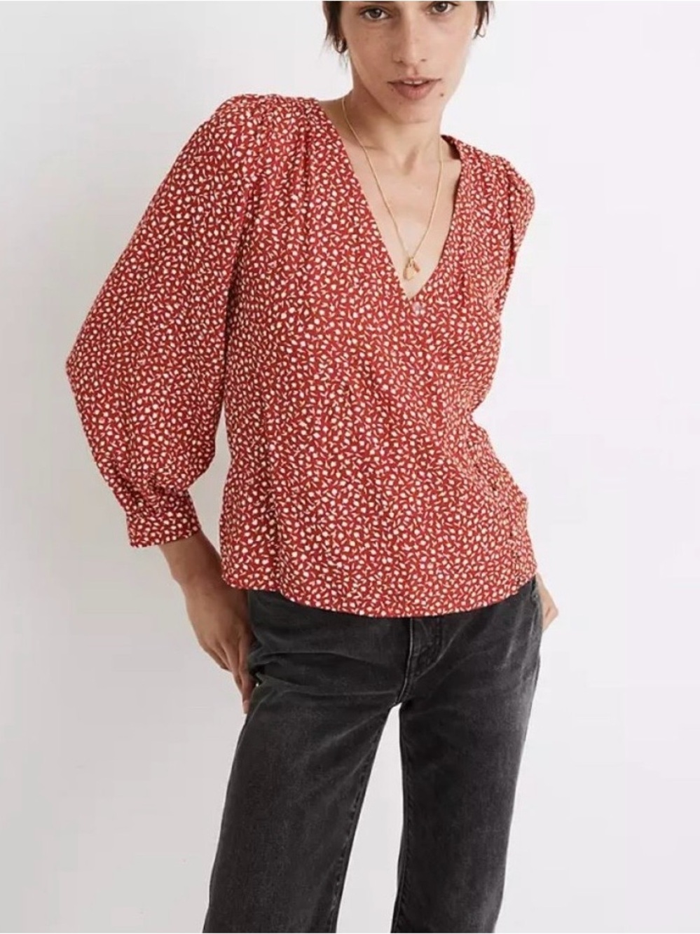 Madewell Red Printed V-Neck Ruffle Blouse